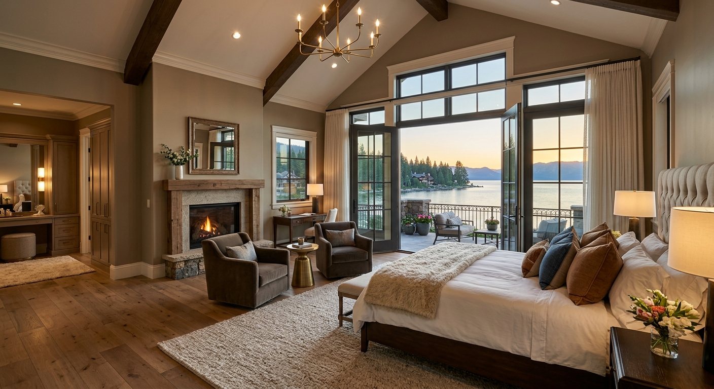 Serene primary suite with lake views